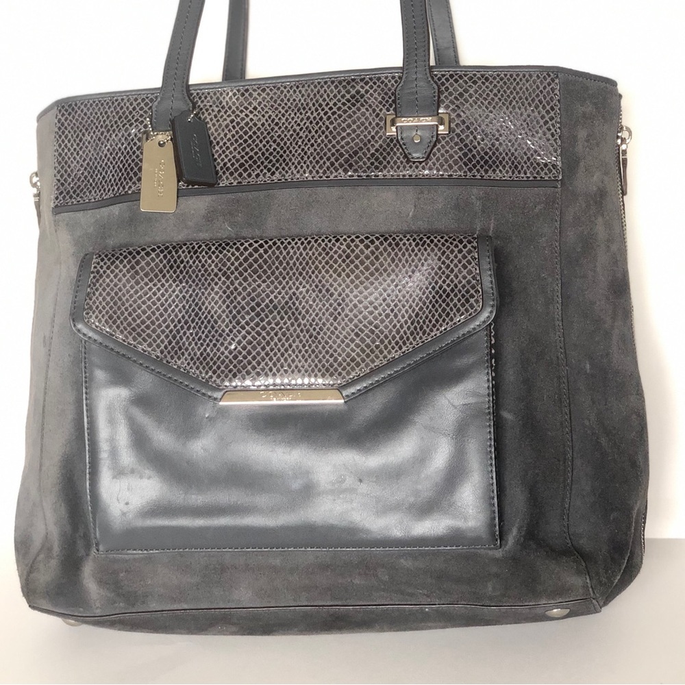 COACH Grey Large Carryall Suede Leather Tote Large Expandable Zipper Snakeskin - Picture 9 of 15